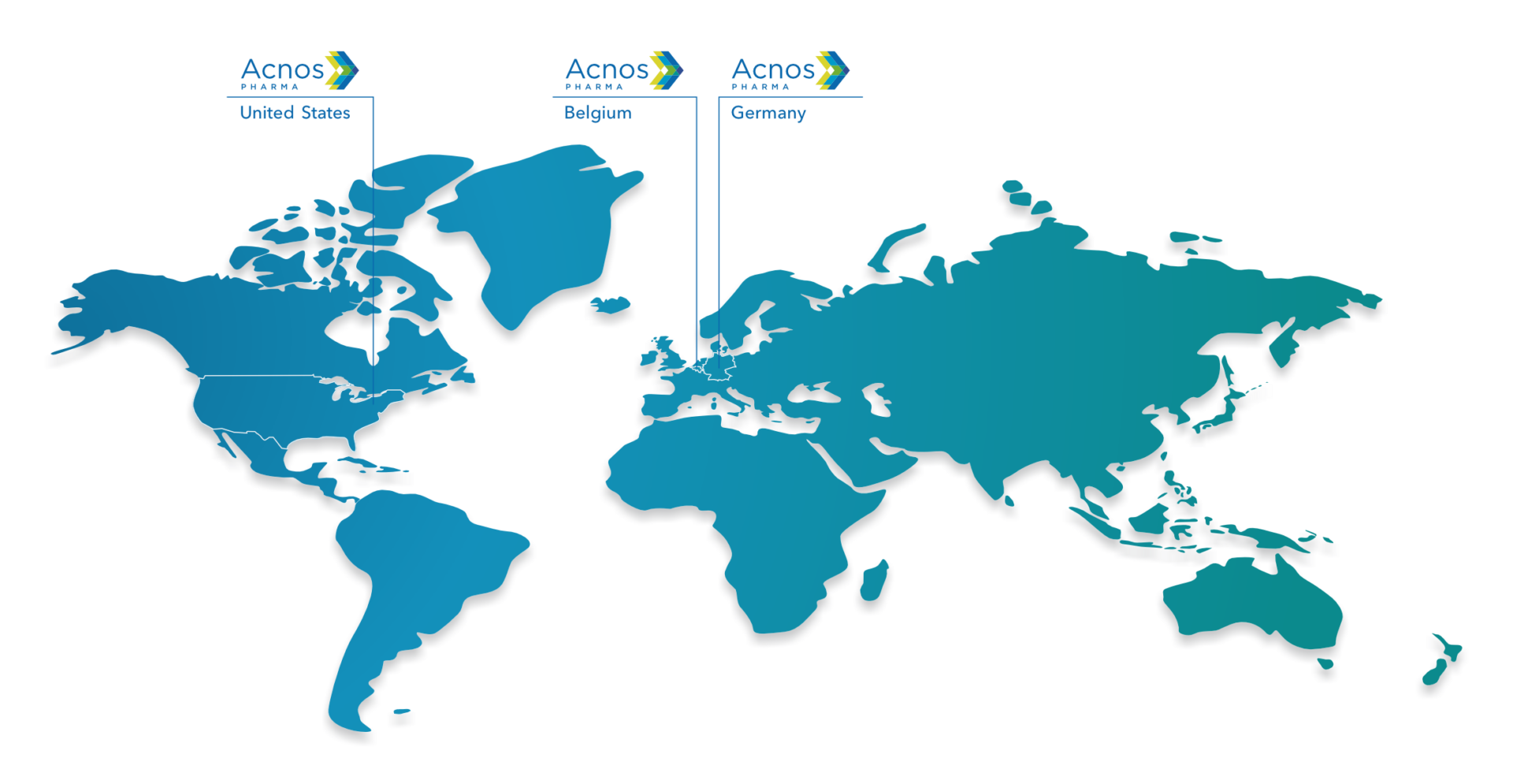 Map showing Acnos Pharma locations in United States, Belgium, and Germany